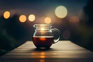 a glass jar with a cup of tea on a wooden table. AI-Generated photo