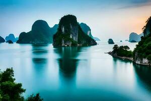 the sunrise over the bay of halong. AI-Generated photo