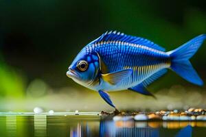 un azul pescado es en pie en el agua. generado por ai foto