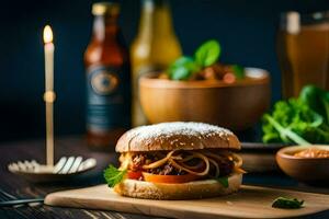a hamburger with meat, vegetables and a bottle of beer. AI-Generated photo