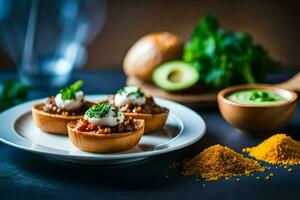 pequeño bochas de comida con carne y vegetales. generado por ai foto