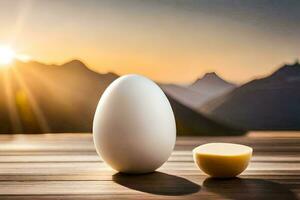 an egg and a butter knife on a table with mountains in the background. AI-Generated photo