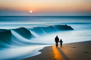 un hombre y su niño caminar a lo largo el playa a puesta de sol. generado por ai foto