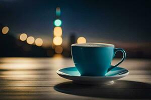 a cup of coffee on a wooden table in front of a cityscape. AI-Generated photo