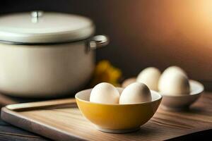 eggs in a bowl on a cutting board. AI-Generated photo