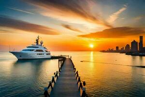 a yacht docked at sunset in the ocean. AI-Generated photo