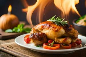 a roasted chicken on a plate with vegetables and a fire. AI-Generated photo