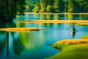 a man is standing on a boat in the middle of a lake. AI-Generated photo