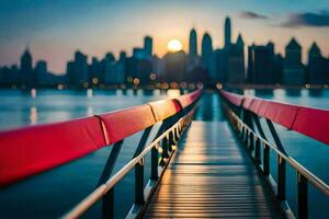 un muelle con un ciudad horizonte en el antecedentes. generado por ai foto