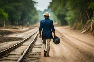 un hombre en un sombrero camina abajo un ferrocarril pista. generado por ai foto