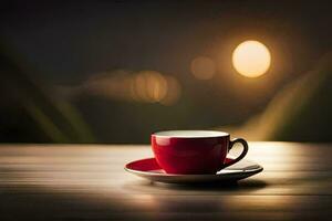 a red cup sits on a wooden table with a blurred background. AI-Generated photo