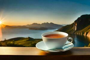 un taza de té en un terraza con vista a un lago. generado por ai foto