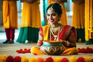 a woman in traditional indian attire sits on the floor with a pot. AI-Generated photo