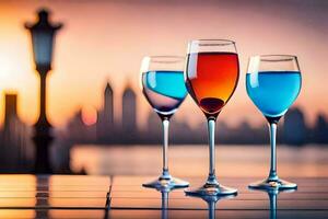 Tres lentes de vino con un puesta de sol en el antecedentes. generado por ai foto
