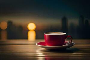 a red cup sits on a wooden table with a city in the background. AI-Generated photo