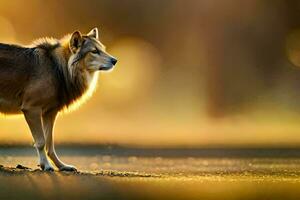 a wolf stands in the sun on a dirt road. AI-Generated photo