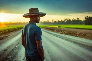 a man in a hat stands on a dirt road at sunset. AI-Generated photo