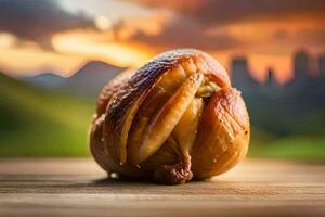 a chicken wrapped in a bun on a table. AI-Generated photo