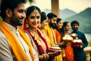 indio Boda ceremonia con novia y novio. generado por ai foto