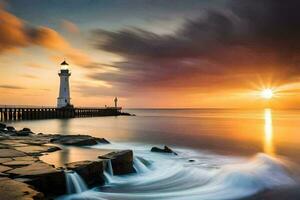 a lighthouse at sunset with waves crashing into the rocks. AI-Generated photo