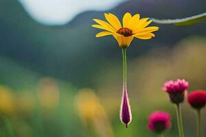 a yellow flower is standing in the middle of a field. AI-Generated photo