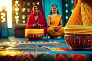 women in colorful saris sit on a rug and look at bowls. AI-Generated photo