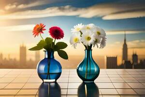 two vases with flowers on a table with a city in the background. AI-Generated photo