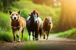 a dog and two horses walking down a dirt road. AI-Generated photo