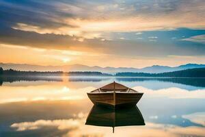 un barco es flotante en un calma lago a puesta de sol. generado por ai foto