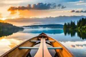 un canoa es flotante en un calma lago a puesta de sol. generado por ai foto