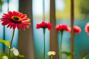 red flowers in front of a fence. AI-Generated photo