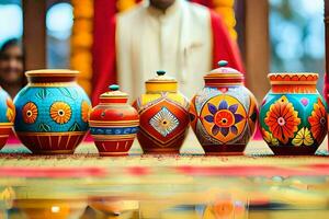 a table with colorful vases and a man in a white robe. AI-Generated photo