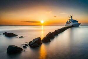 a boat docked at the end of a pier at sunset. AI-Generated photo