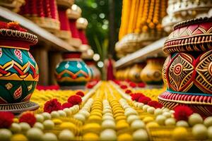 many colorful pots and vases are lined up on a table. AI-Generated photo