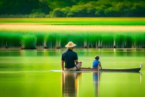 un hombre y un niño son en un barco en un lago. generado por ai foto