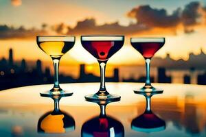 three glasses of alcohol are on a table with a sunset in the background. AI-Generated photo