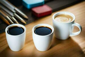 Tres tazas de café en un mesa. generado por ai foto