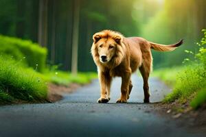 un león caminando abajo un la carretera en el bosque. generado por ai foto