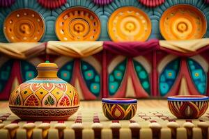 colorful pottery on a table with colorful plates. AI-Generated photo