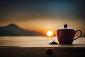 a cup of tea on a wooden table with a sunset in the background. AI-Generated photo