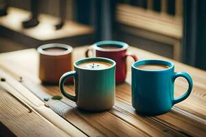 four colorful coffee mugs on a wooden table. AI-Generated photo
