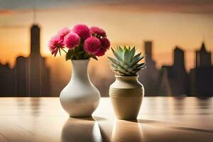 two vases with pink flowers and a city in the background. AI-Generated photo