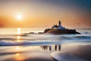 a lighthouse sits on the shore of a beach at sunset. AI-Generated photo