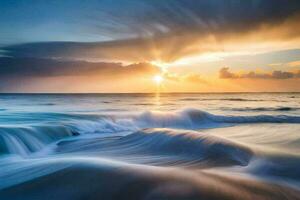 a beautiful sunset over the ocean with waves crashing into the shore. AI-Generated photo
