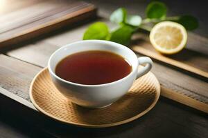 a cup of tea with lemon and a slice of lemon on a wooden table. AI-Generated photo