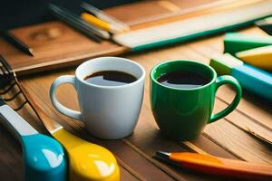 two coffee cups on a table with a spoon and a knife. AI-Generated photo