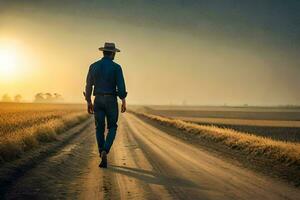 un hombre en un vaquero sombrero caminando abajo un suciedad la carretera. generado por ai foto