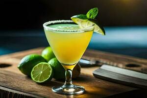 a margarita with lime and mint on a wooden cutting board. AI-Generated photo