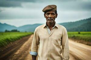 a man standing on a dirt road with a green field in the background. AI-Generated photo