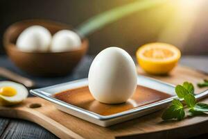 an egg on a plate with a bowl of sauce. AI-Generated photo